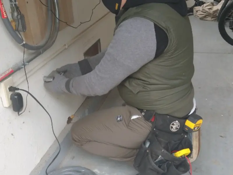 Electrician performing outlet wiring in a Lewistown garage